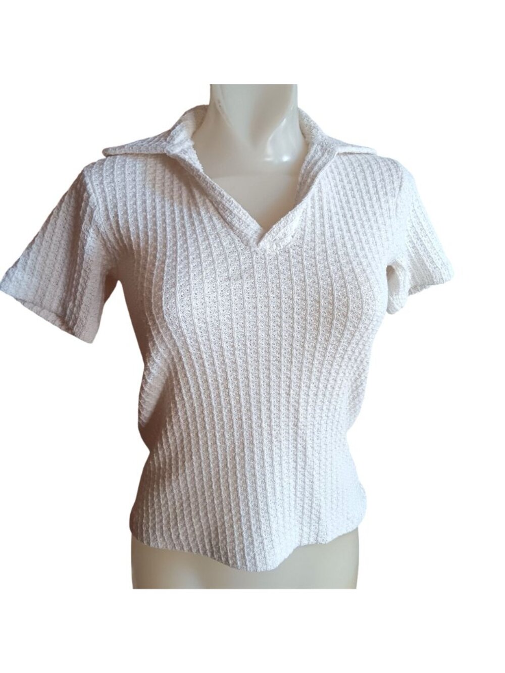 True Vintage Top Small 80's Cream Short-Sleeve Textured Knit Collared Prep Mom